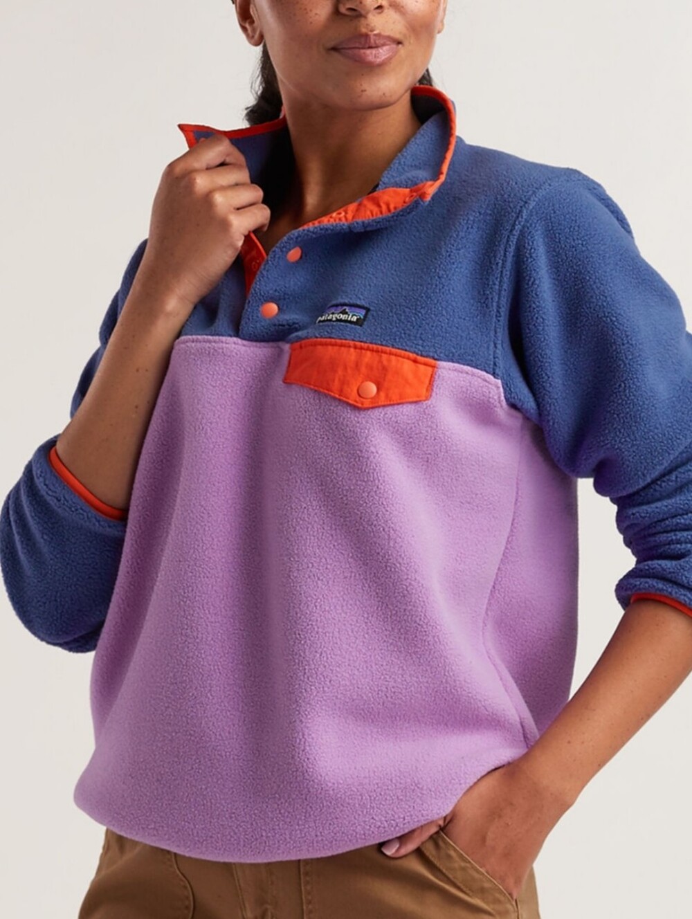 Patagonia NWT Women’s Fleece Snap-T Pullover - Lavender & Blue with Orange Trim
